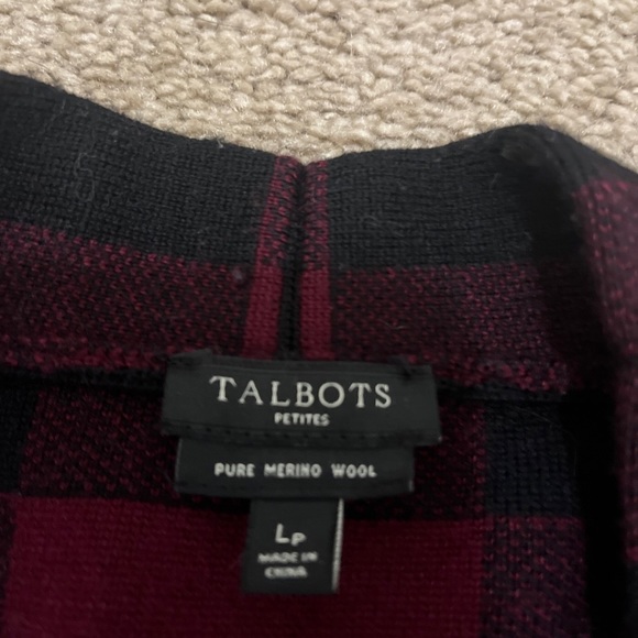 Talbots Pure Merino Wool Red Black Plaid Check Cardigan Sweater Petite Large - Picture 4 of 7